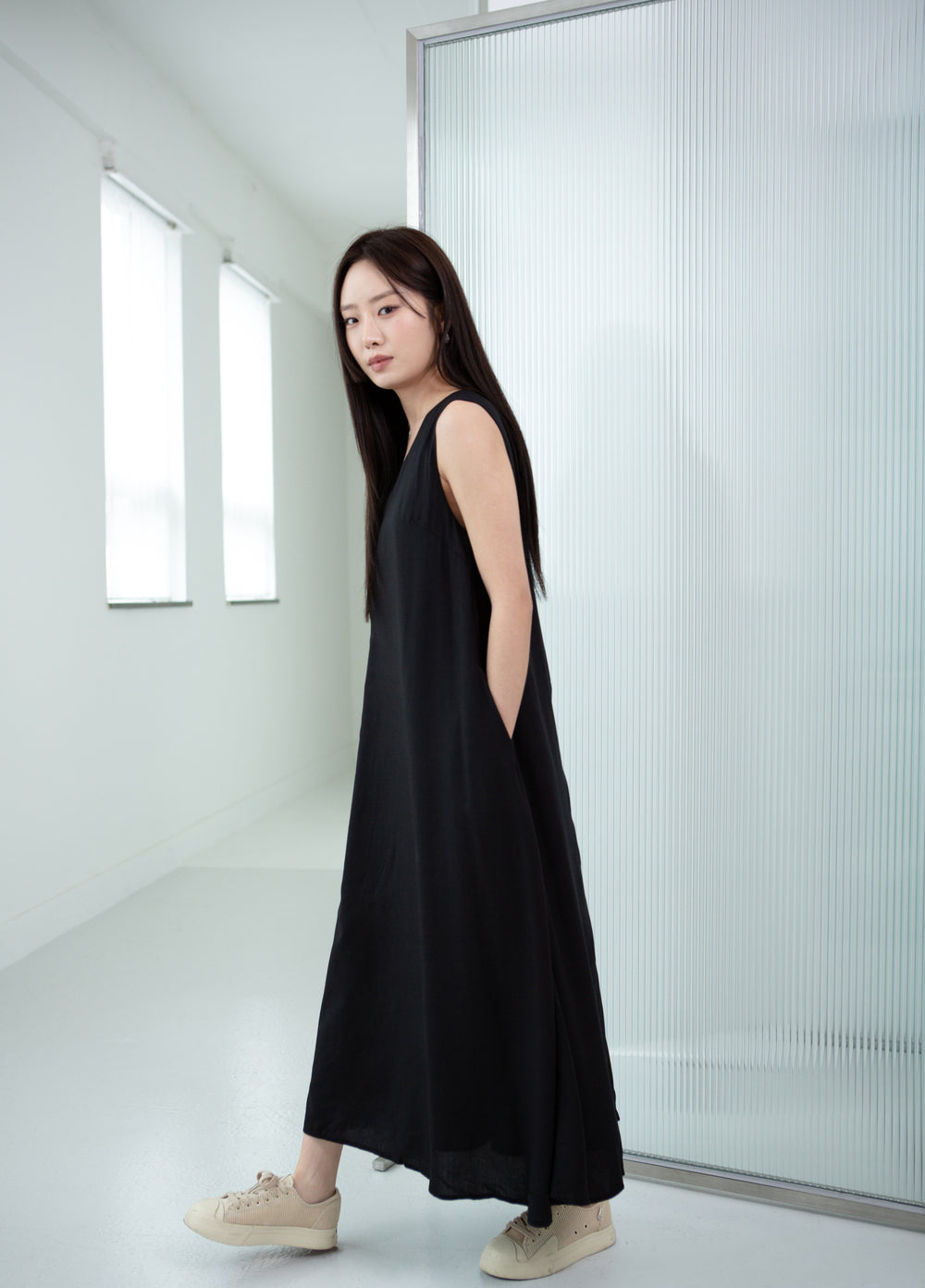 black tent dress MERLETTE $480 Cambridge Dress XS/S Black Minimal Cotton Poplin A-line Tent Midi