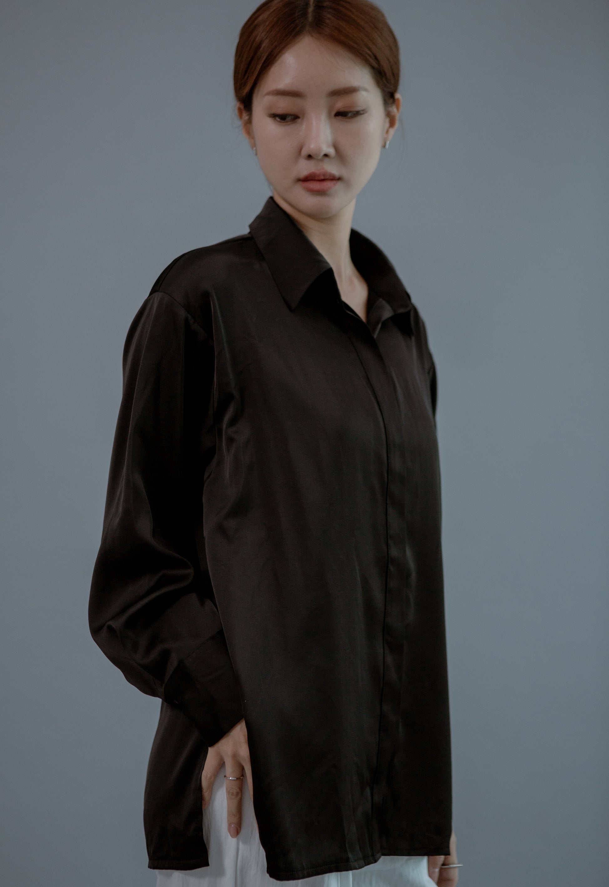 oversized black satin shirt